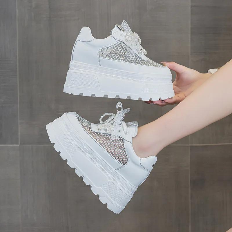 Fashion 10CM Air Mesh Microfiber Leather Breathable Slipper Flats Hollow Round Toe Platform Wedge High Brand Women Sandals Bling Shoes