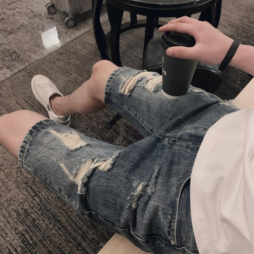 Summer Ripped Holes Denim Shorts Mid-rise Pockets Zipper Button Fly Straight Leg Knee Length Men Short Jeans Streetwear