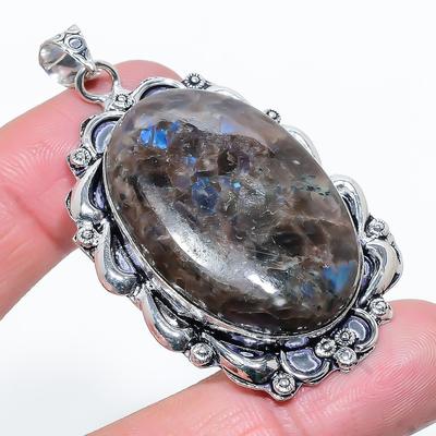Natural Larvikite Stone Gemstone 925 Sterling Silver Gift Pendant 2.36" D4K96