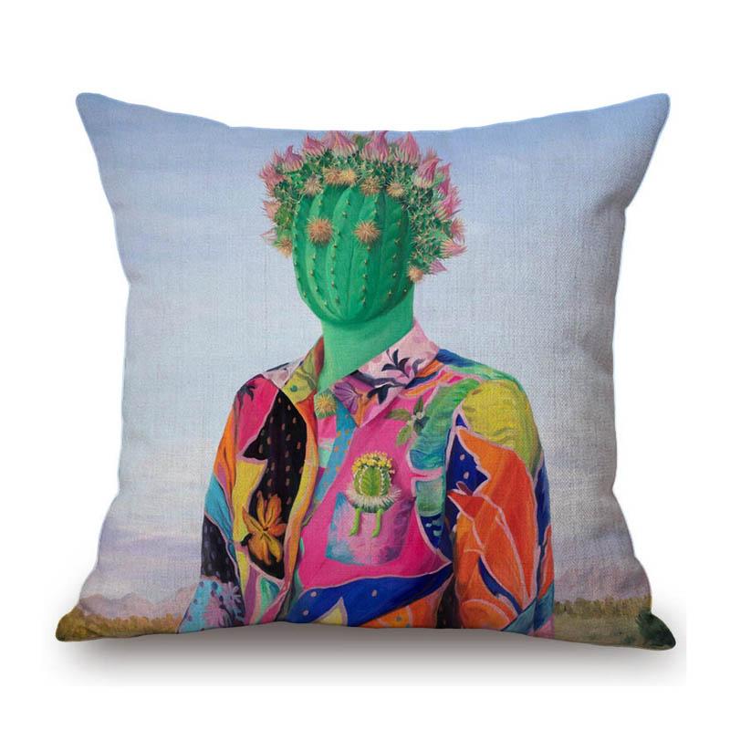 Summer Cactus Head Portrait Oil Painting Surrealistic Decorative Art Cotton Linen Sofa Pillow Case Car Seat Cushion Cover