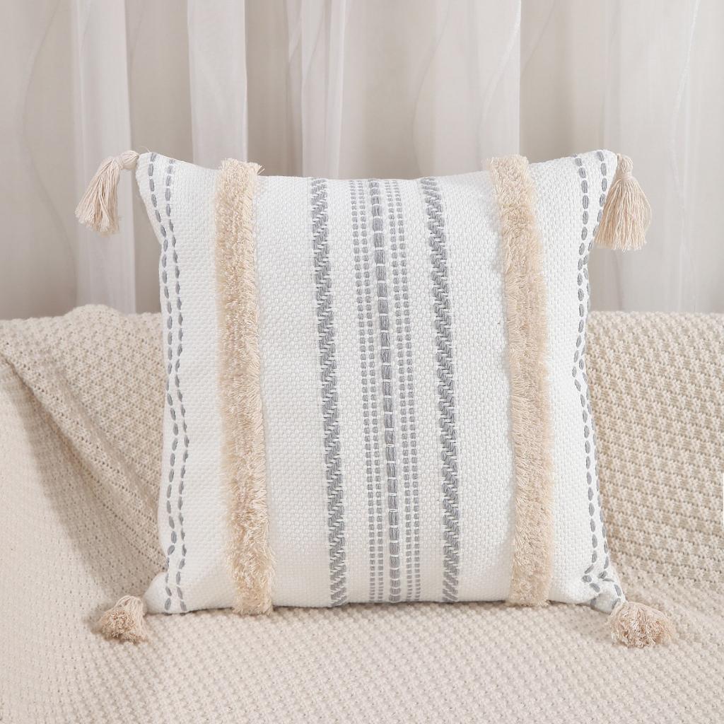 Baumwollgarn-Jacquard-Kissenbezug mit getufteten Quasten, Büro-Lendenkissen, Zuhause, Sofa, Bett, Kopfkissen