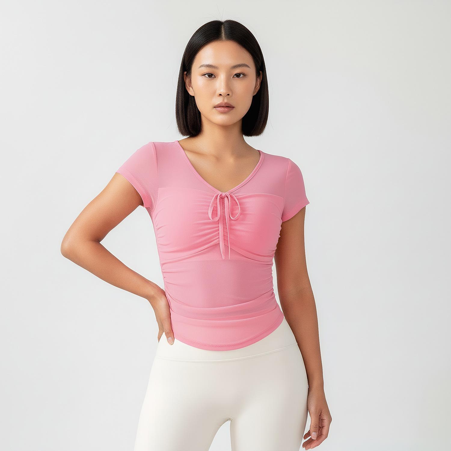 

Women s Pleated Mesh Yoga Top, Short Sleeve, Slim Fit, Ideal for Pilates and Fitness Extra Large