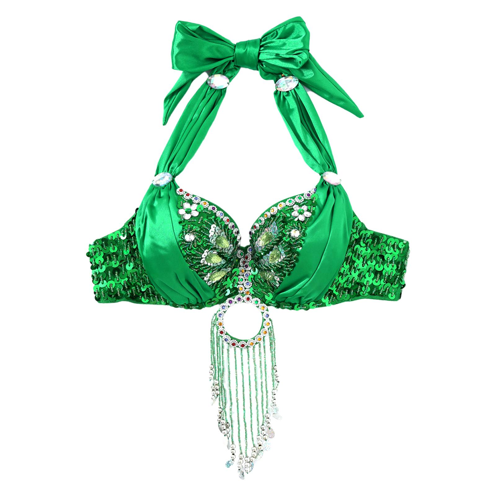 

Жіночий стразами танець живота бюстгальтер топ блискітки на кісточках бюст є блискітками китицями бюстгальтер костюм виступ танцювальний одяг One Size зелений