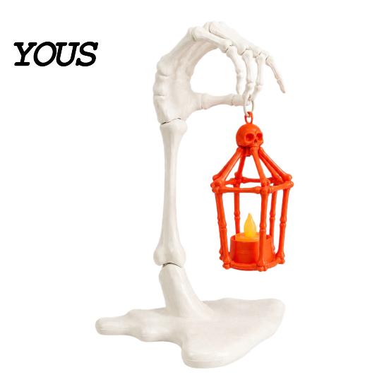 Battery Operated Flickering Light Skeleton Arm Lantern, 3D Printed Halloween Hand Holding Up Lantern Portable Table Centerpiece with LED Candle