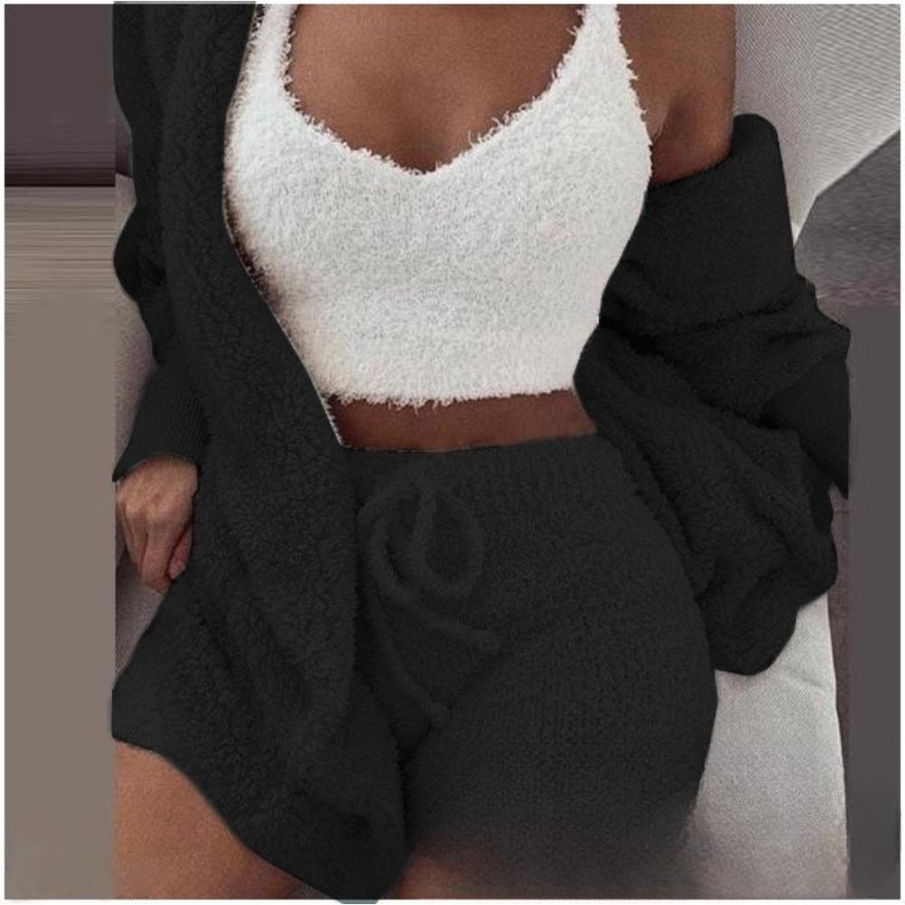 Women's Loose Fit Three Piece Loungewear Long Sleeve Fuzzy Cardigan V Neck Tank Drawstring Waist Shorts Winter Solid Tracksuit