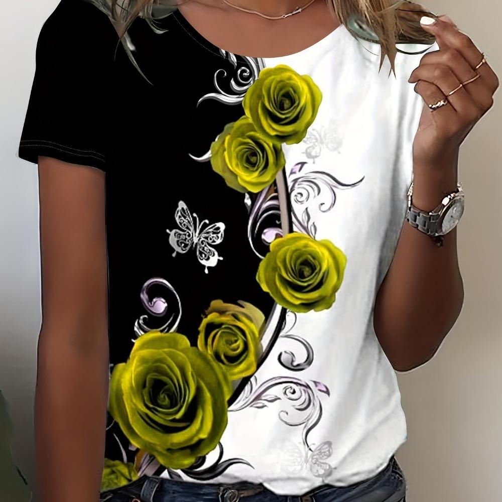 Elegantes und modisches buntes Rosenblumenmuster Rundhals Damen T-Shirt Sommer vielseitig und erfrischend Y2K T-Shirt
