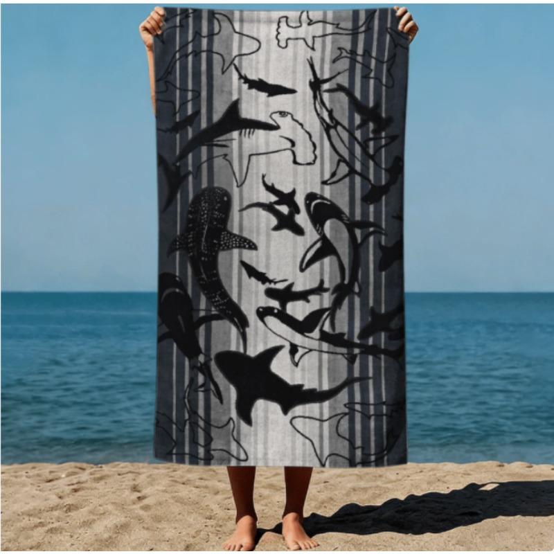 Serviette de Plage Rayée Silhouette de Requin Microfibre Sans Sable Séchage Rapide Impression Vie Marine Noir et Blanc Douce Absorbante pour l'Été et la Piscine
