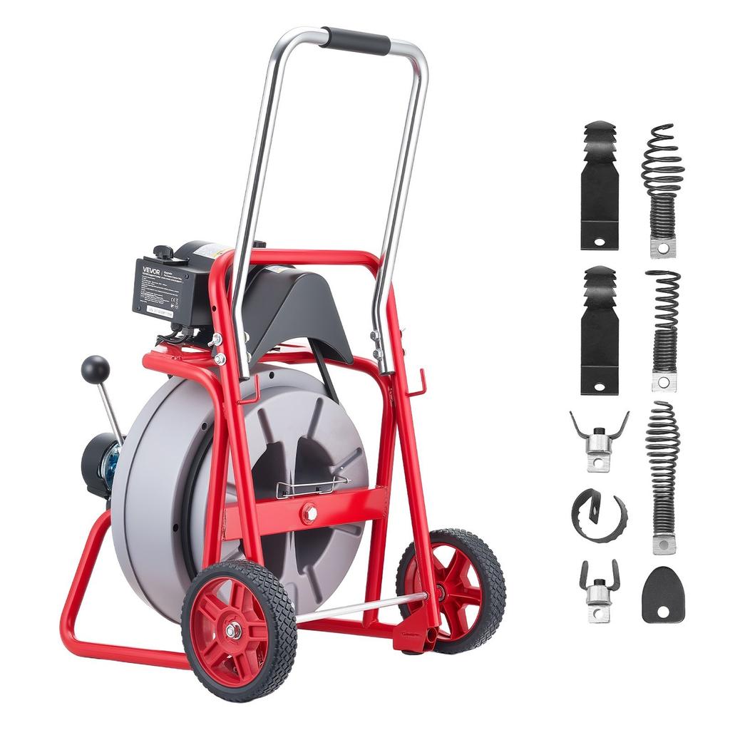 Drain Cleaner Machine 22m x 13mm, Auto Feed Sewer Snake Drain Auger on Wheels, Portable Drain Cleaning Machine with 8 Cutters & Air-Activated Foot