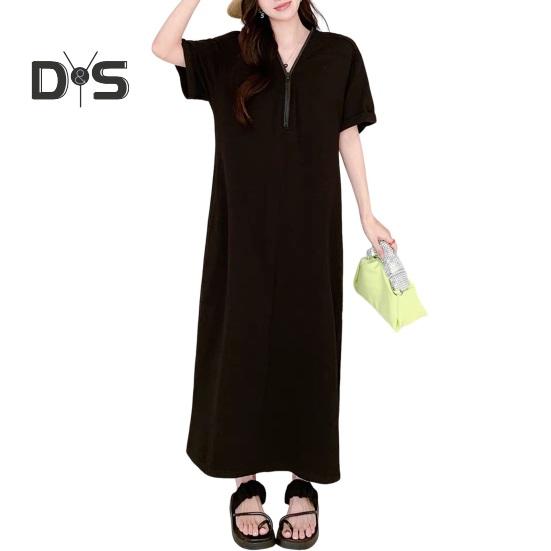 

Женское летнее платье-футболка с коротким рукавом, полумолнией, V-образным вырезом, макси-платье, повседневный длинный сарафан с карманами для пляжного отдыха M чёрный