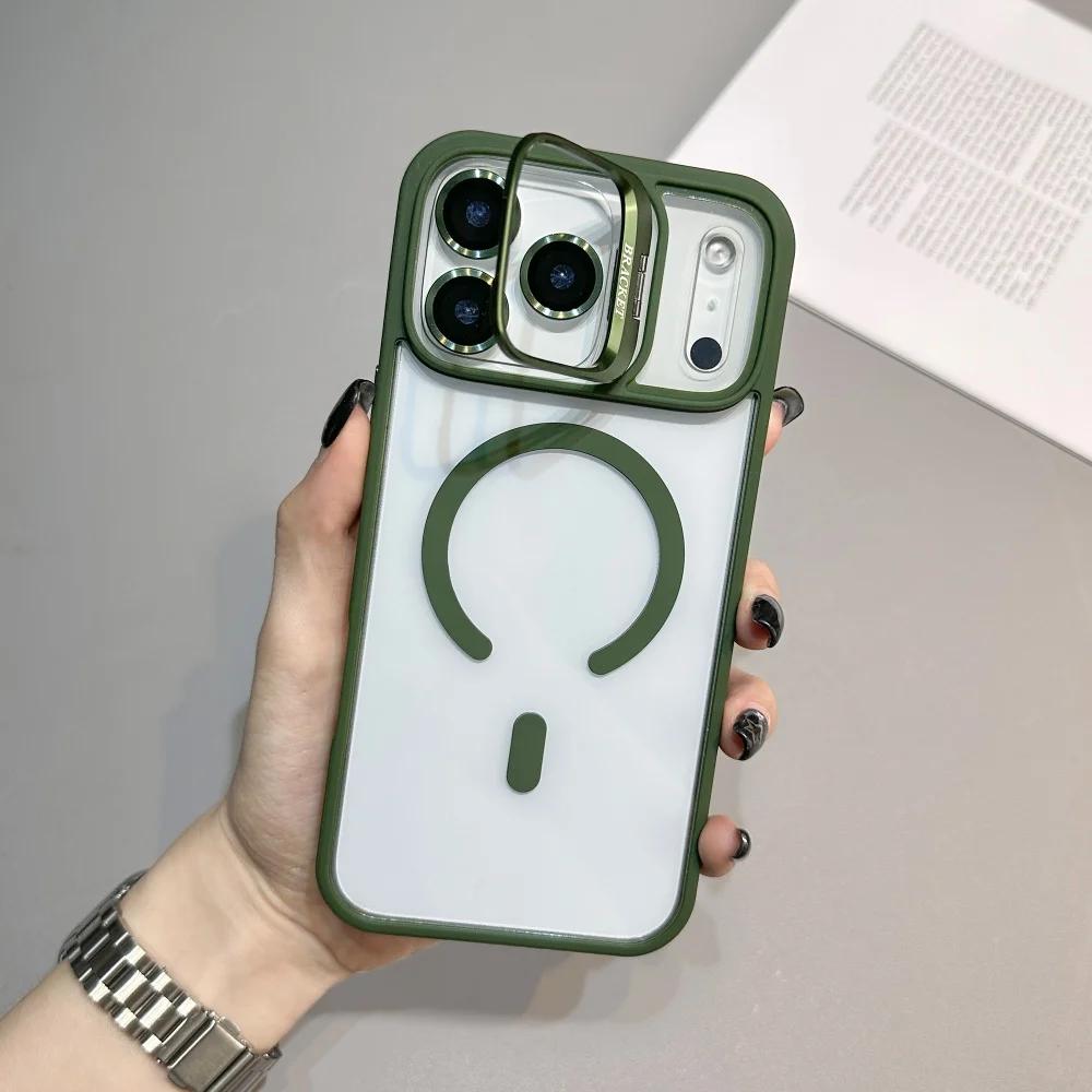 Fashion Metal Magnetic Lens Stand Case For iPhone 17 Air 16E 15 14 Plus 13 12 11 Pro Max Wireless Charge Camera Protective Cover