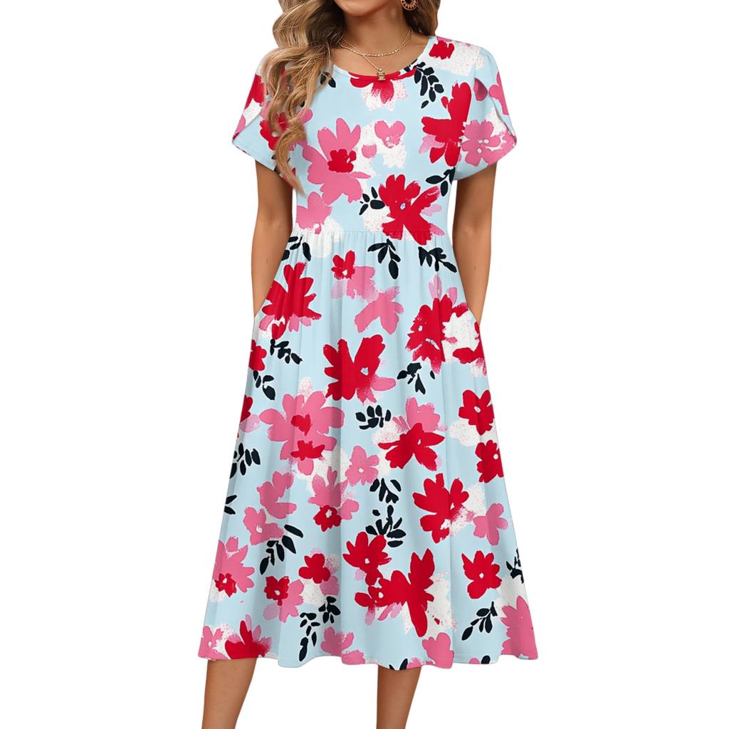 Damenmode Sommer Rundhals Kurzarm Blumendruck Strandkleider