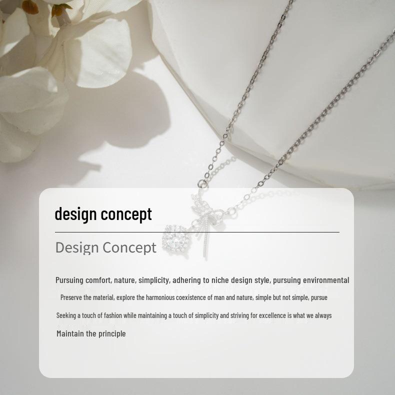 S925 Sterling Silver Zirconia Bow Necklace, Sweet Fairy Style Gift for Women.