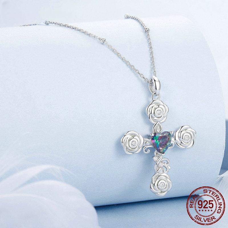 S925 Sterling Silver Cross Pendant Necklace Retro Rose Pattern Neck Chain for Women Party Fine Jewelry Gift