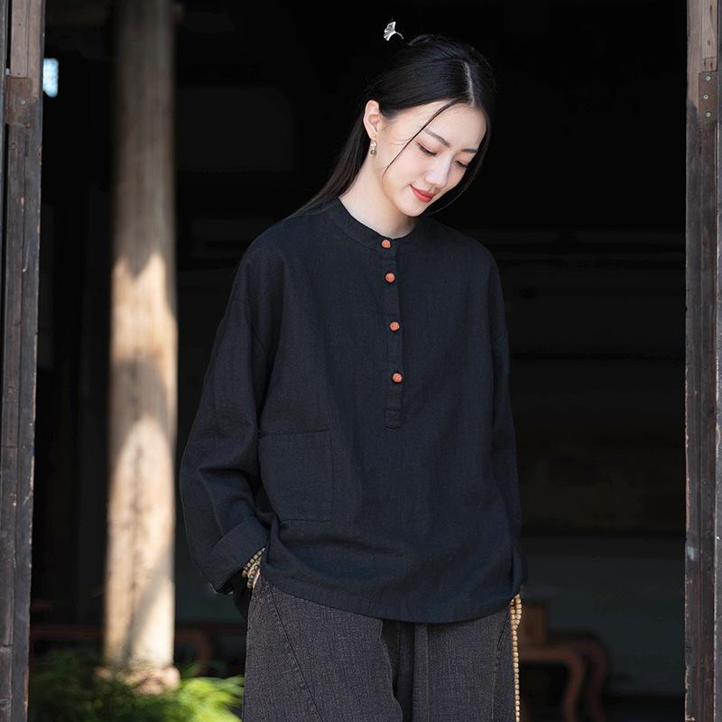 Herbst Baumwolle und Leinen Damen Leinen Stehkragen Farbblock Tellerverschluss Pullover Übergröße Bluse Damen Baumwolle und Leinen Hemd