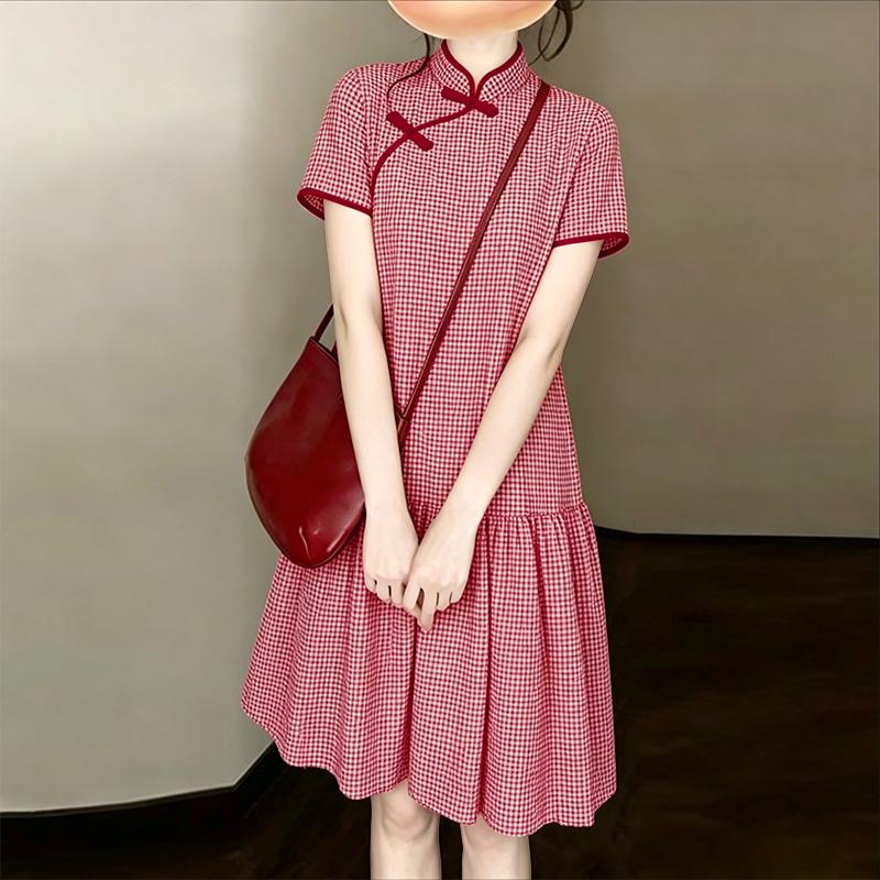 ZANZEA Women Grid Print Casual Stand Collar Short Sleeve Dress M