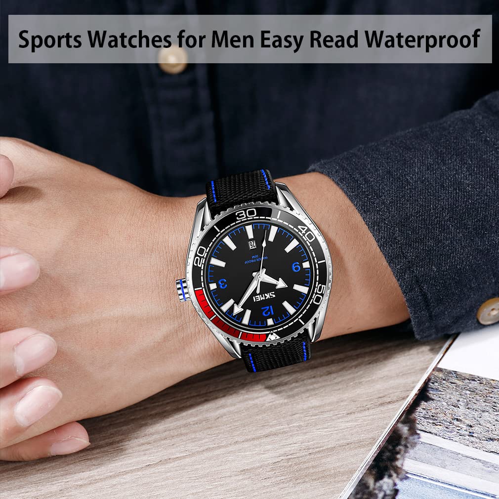 SKMEI Men's Sports Watch, Black, Leather Strap, Waterproof, Large, Casual, Business, Big Face, Analog, Fluorescent, Luxury, Gift, Black/Blue