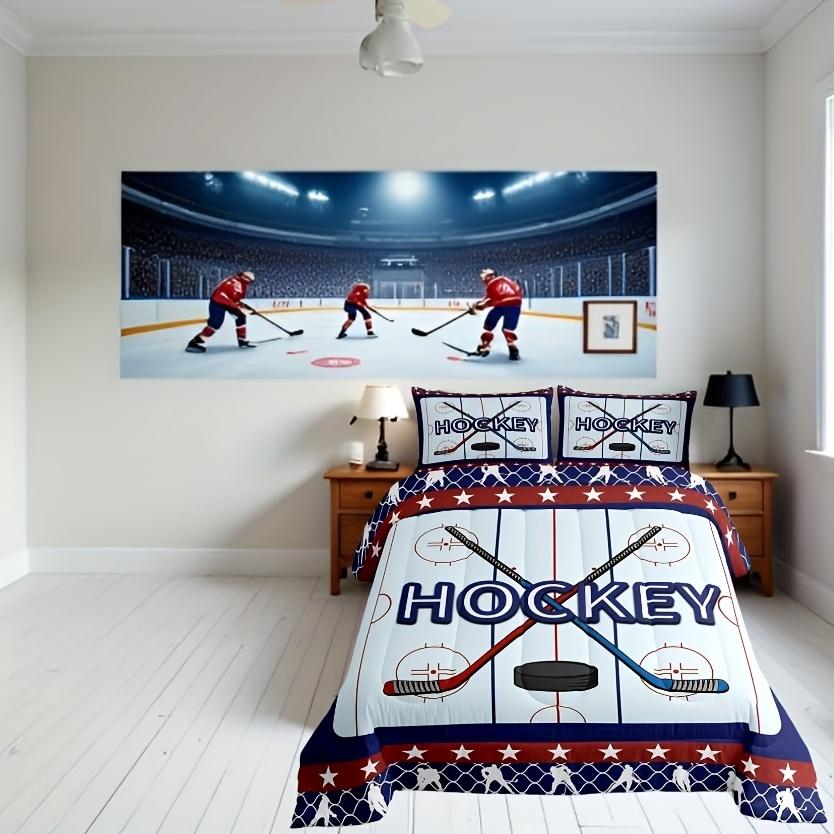 2/3Pcs Ice Hockey Player Comforter Set Hockey Pucks Field Quilted Bedding With Pillowcases Twin Full Queen Size For Christmas