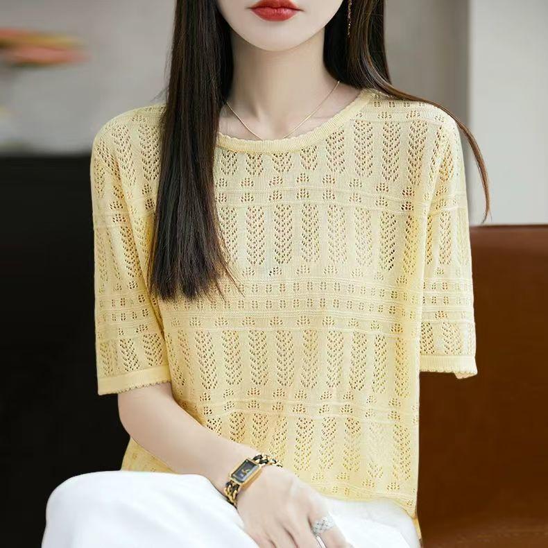 

Summer New Hollowed Out Knitted Short Sleeved T-shirt for Women Loose Round Neck Bottom and Thin Top XL жовтий