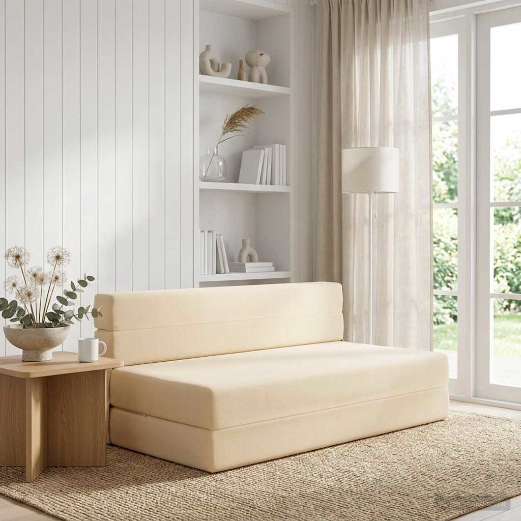 Foldable Sofa Bed Cream 152 X 86.5 X 60 Cm Fabric