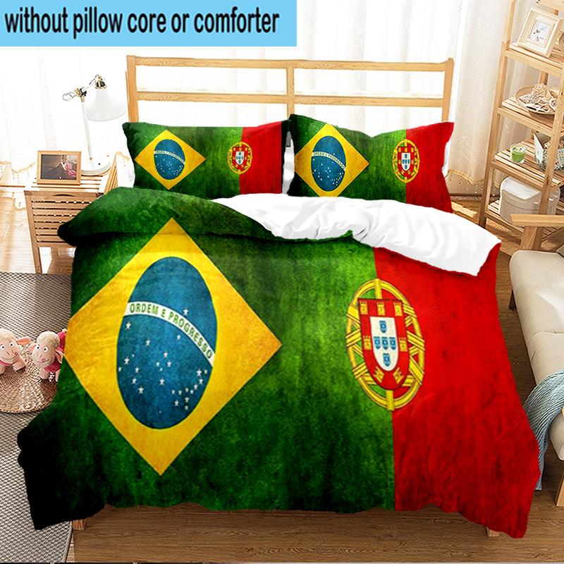3PCS Flags Of Portugal And Brazil Bedding Set For Bedroom, Dormitory,Including 1pc Duvet Cover And 2pcs Pillowcases Large size Fan gift