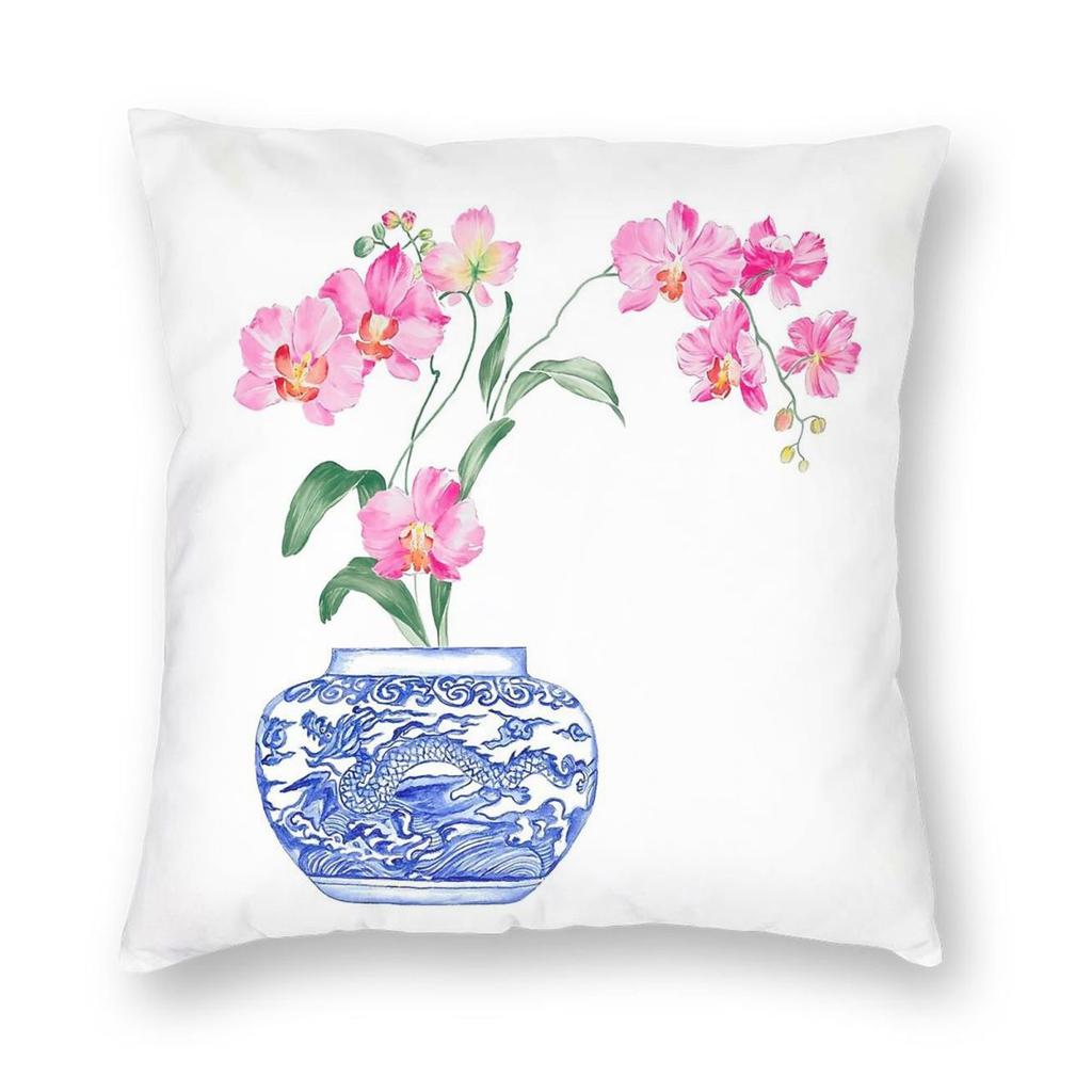 Orchid Chinoiserie Porcelain Pillowcase Polyester Linen Velvet Pattern Zip Decor Pillow Case Sofa Seater Cushion Cover