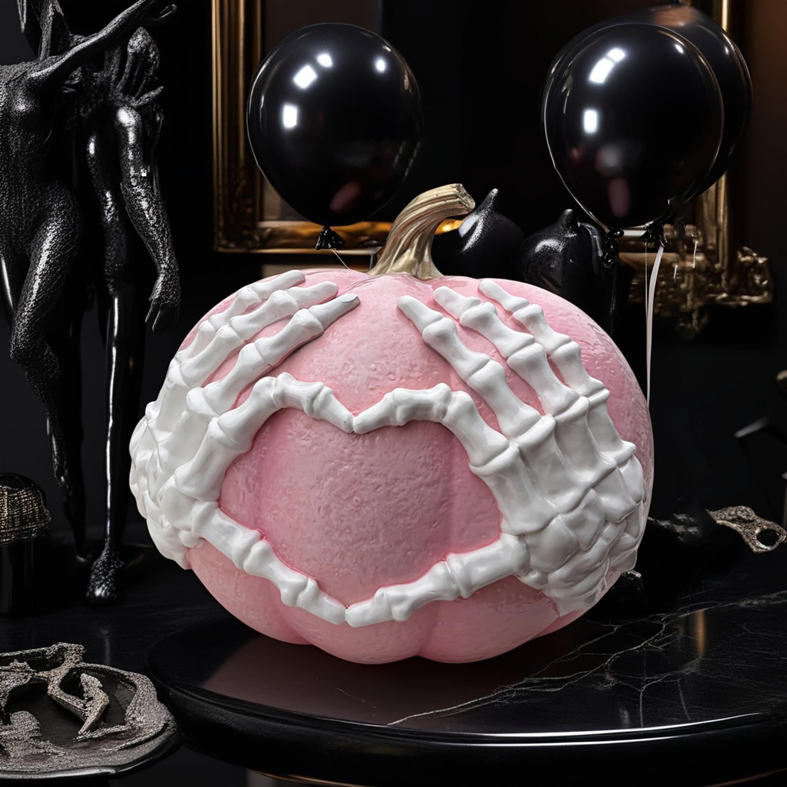 

Halloween Pumpkin Decor Decorative Figurine Spooky Tabletop Decoration Crafts with Skeleton Hands розовый