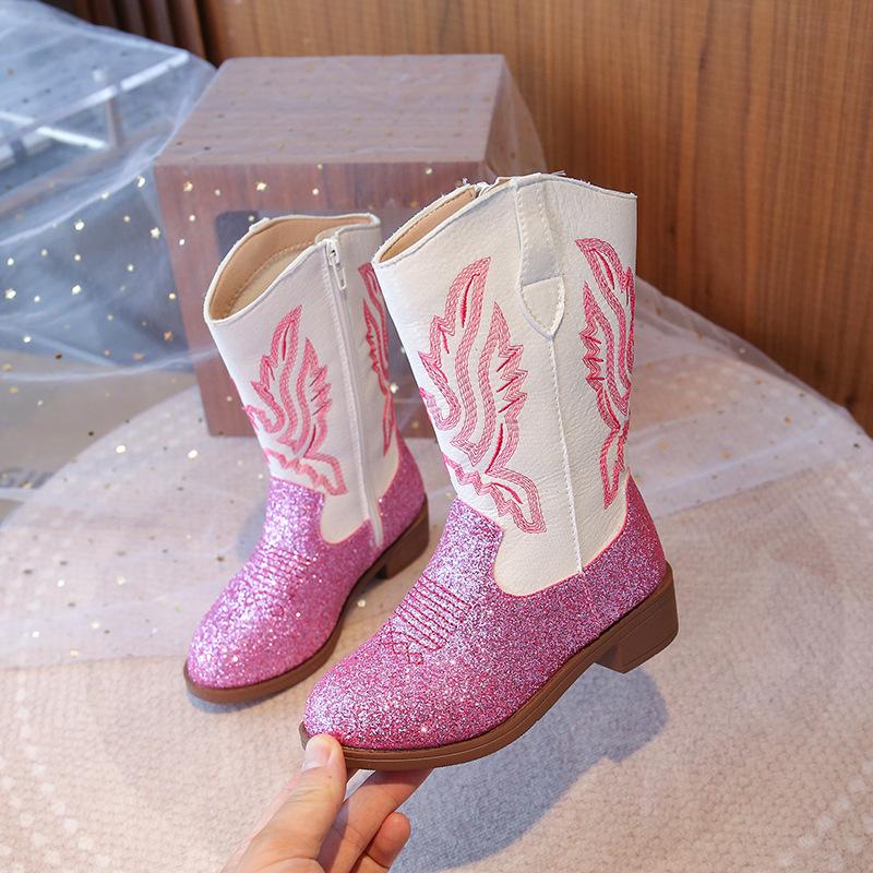 Botas para Niña Botas de Nieve para Niños Pequeños Caña Media Brillo Botas Vaqueras Estilo Western Otoño Niños Mayores Niñas para Montar Botas Talla 27-36 Zapatos para Niños