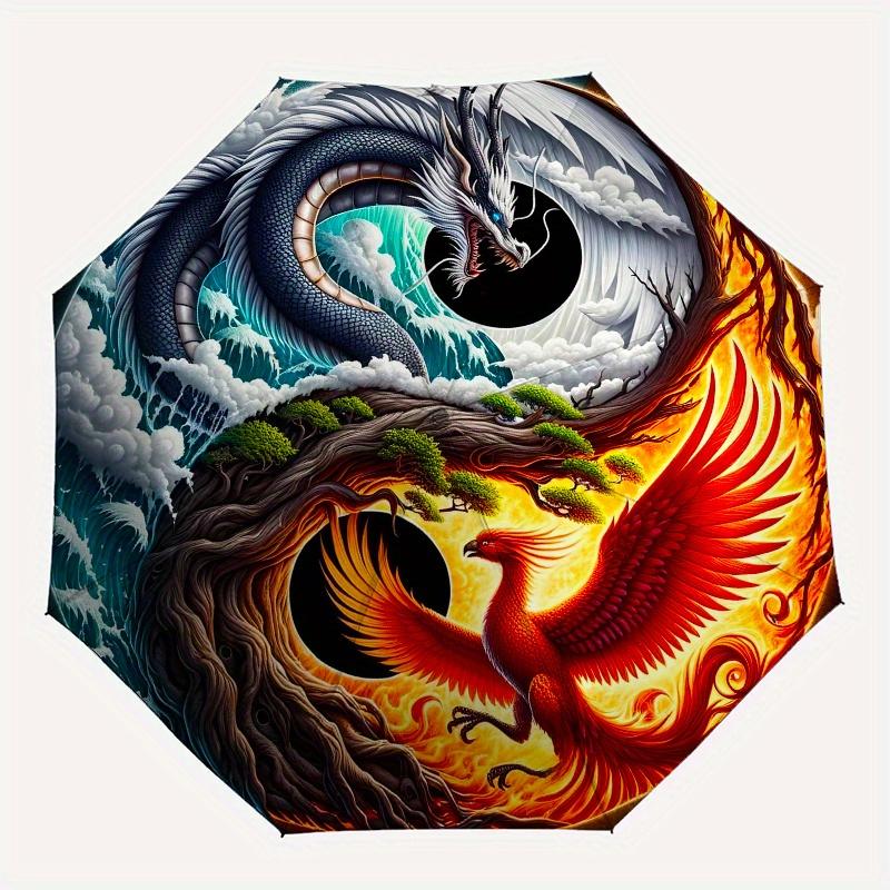 Yin Yang Dragon Phoenix Circular Art PrintUmbrella, Portable 3-Fold Compact Umbrella for Men & Women Gift