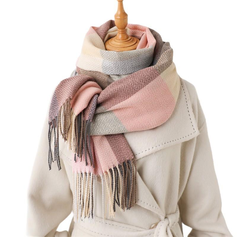 Koreanische Version Kontrastfarbiges Karomuster Langer Herbst- und Winterwarmschal Damenstola Vielseitiger Pendlerschal mit Fransen Imitat Kaschmirschal