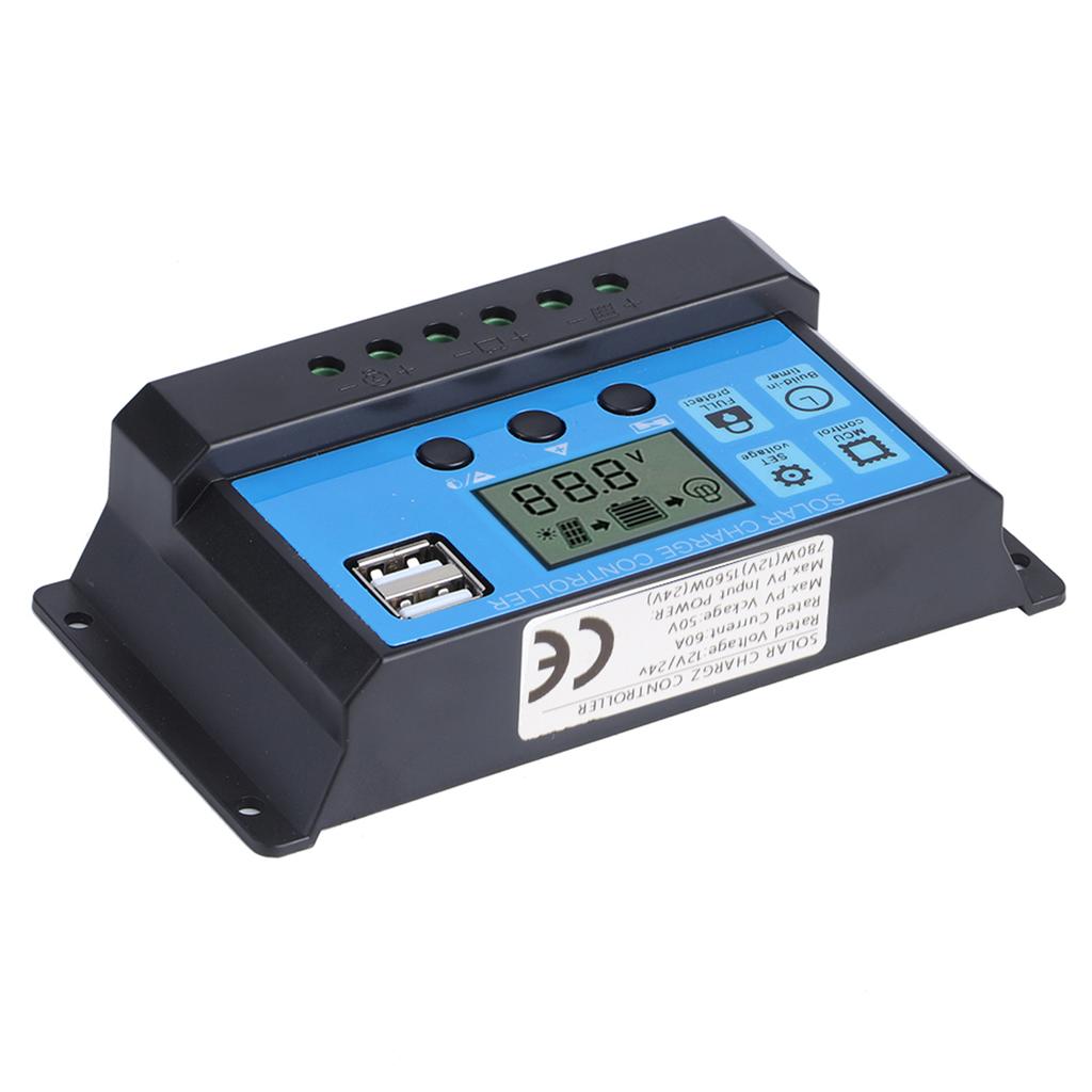 60A Solar Charge Controller with Dual USB Port 5V Auto PWM LCD Display Solar Panel Battery Regulator