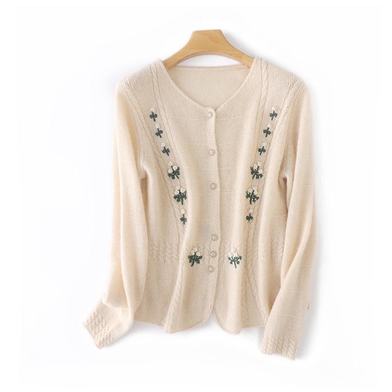 Korean Style High-Design Embroidered Wool Cardigan, Crew Neck, Long Sleeve Knitwear for Spring & Autumn