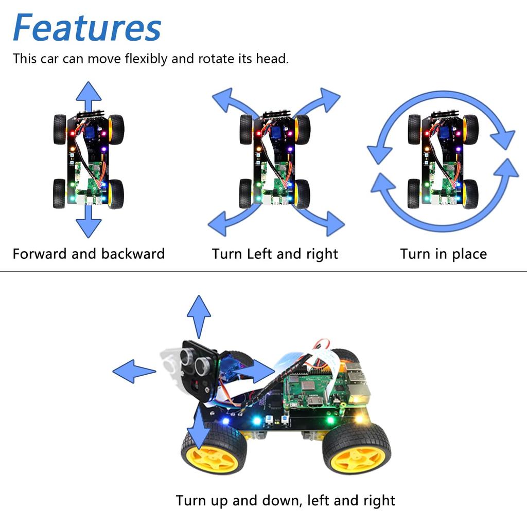 Freenove 4WD Smart Car Kit for Raspberry Pi with Face Line Light Obstacle App and Servo Pi Not 5, 4, B, 3, B+, Zero, 2, W, Tracking, Tracking,