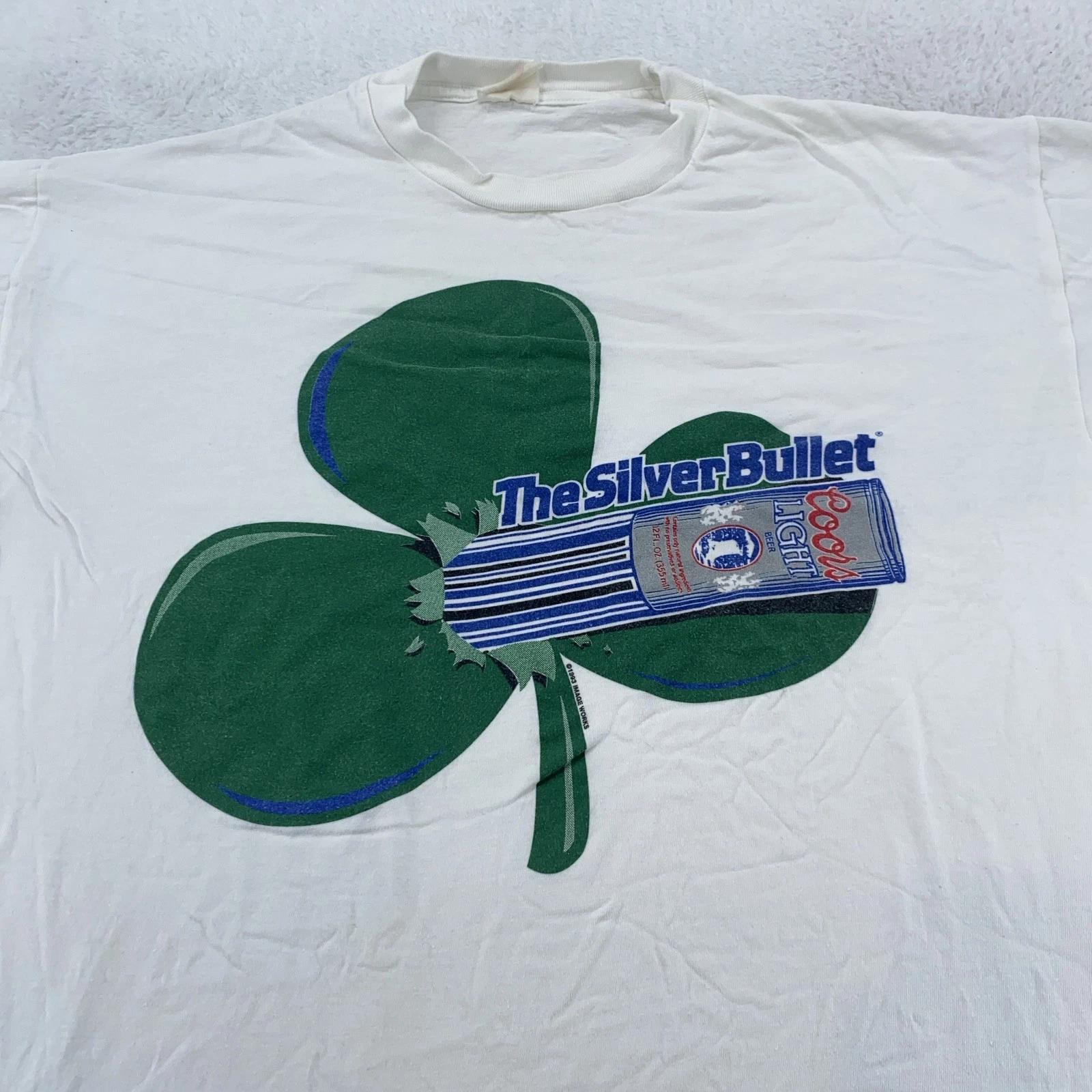 

Vintage Coors Light Silver Bullet Shirt Mens L/XL White Shamrock Beer 90s XL