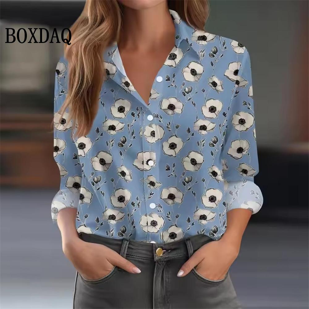 Autumn Women's Shirt Long Sleeved Lapel Tops Flower Pattern Casual Oversized Button Clothing Women Elegant and Fashionable Shirt