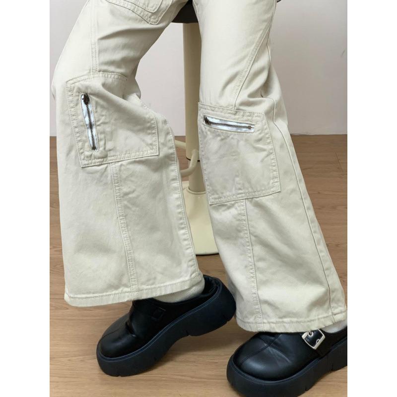 Spice Girl Sand White Versatile Tooling Micro-pull Jeans Women's Spring New Multi-pocket High-waisted Floor-mopping Horn Trousers