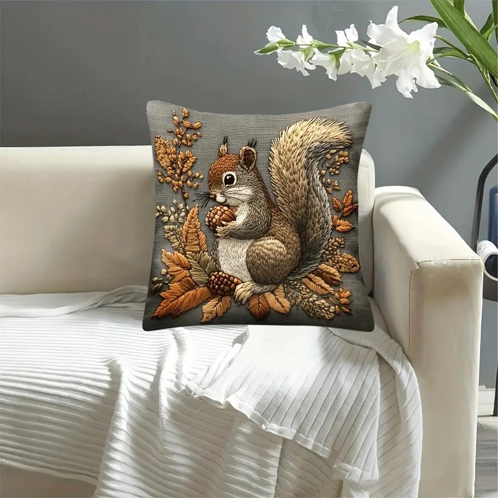 Vikama Squirrel-Patterned Embroidery-Style Cushion Cover Vintage Country Zipper Cushion Cover Sofa Living Room Home Decor