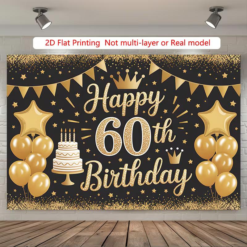 

2D Elegant Black Gold Themed 60th Birthday Party Banner with Balloons 47.2x31.5inch/120*80cm