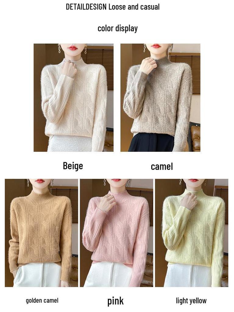 2025 Herbst/Winter Schlankmachender Vintage Kaschmir Zopfstrickpullover mit Halbhohem Kragen