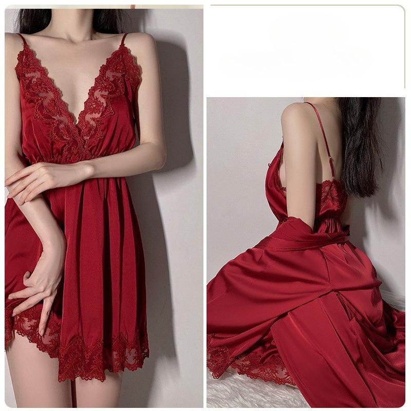 Women’s Spring Summer Satin Lace Nightdress Backless Sleepwear with T-Back Thong Set