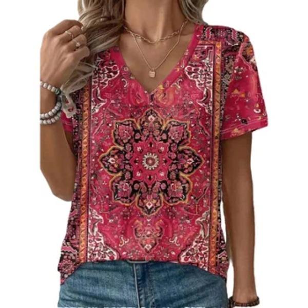 V-neck Bohemian Style 3D Printed T-shirt for Summer Round Neck Short Sleeved Casual Women's T-shirts