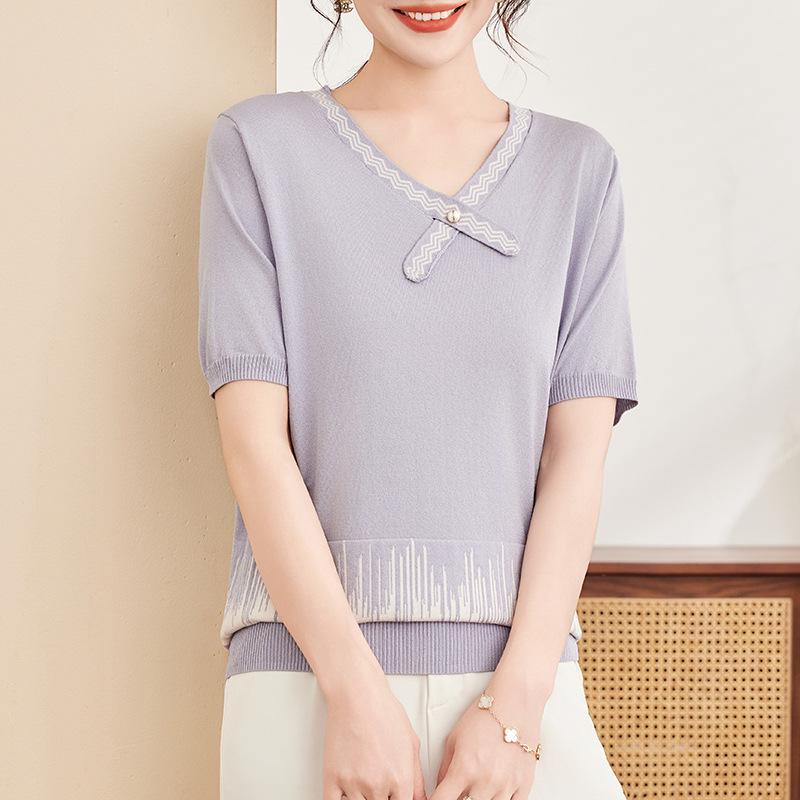 Elegant Ice Silk Knit Top for Stylish Moms - 2026 Summer Fashion Short Sleeve