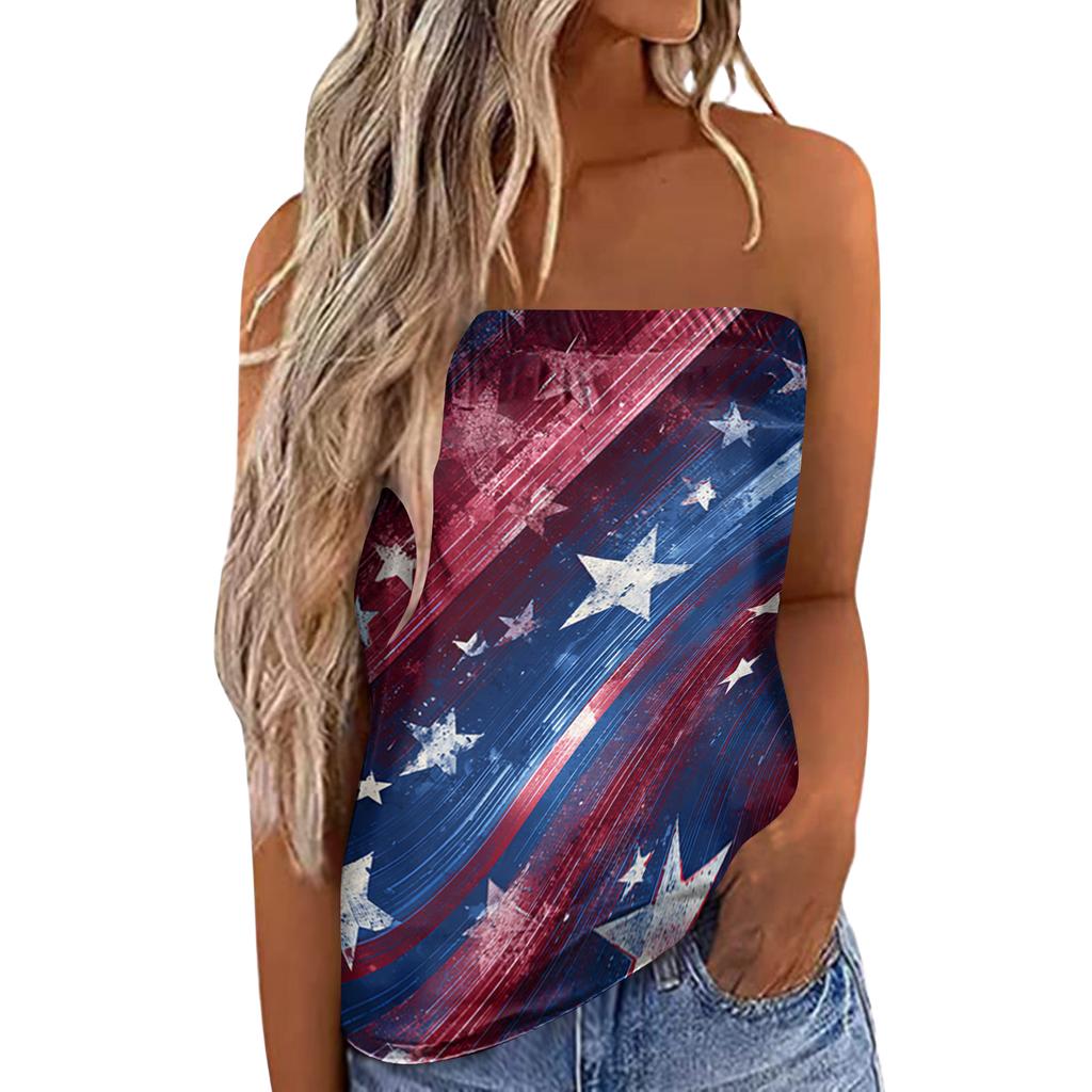 Women's Summer Sexy Strapless Off-Shoulder Elastic Band Design Independence Day Print Top