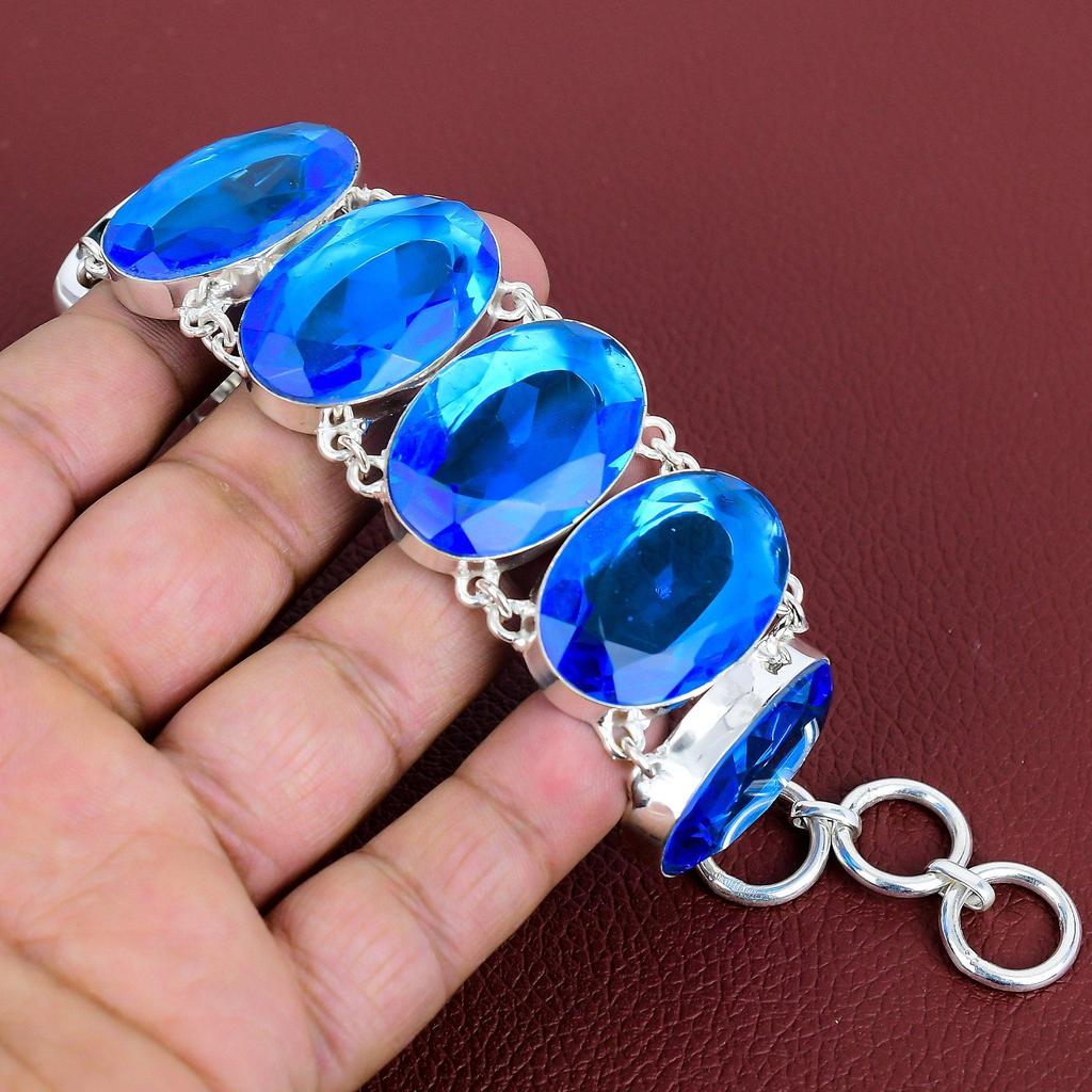 Faceted London Blue Topaz Bracelet Handmade Gemstone Bracelet 925 Sterling Silver Bracelet Adjustable Chain Bracelet Silver Jewelry for Gift