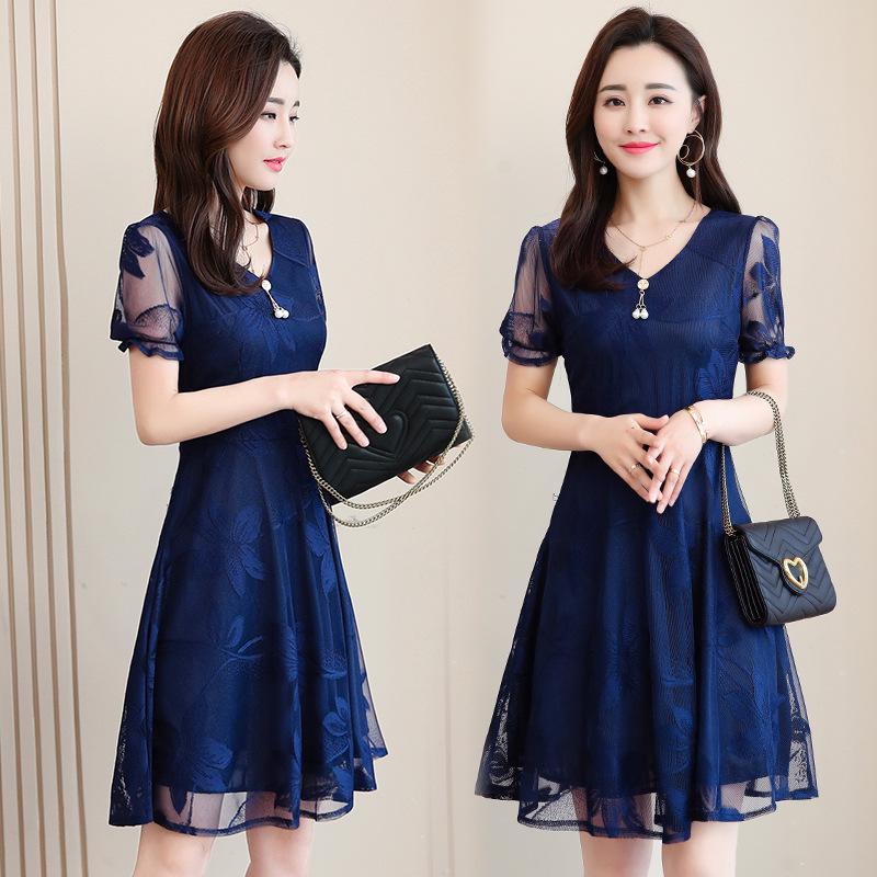 Rochie din dantelă cu mâneci scurte, cu decolteu în V, mărime mare, de vară, cu talie elegantă, fustă temperament de lungime medie