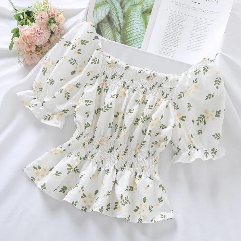 Small Fresh Floral Shirt Female Summer Slim Sweet Spicy Square Neck Puffy Sleeves Thin Tops Tide Elastic Waist