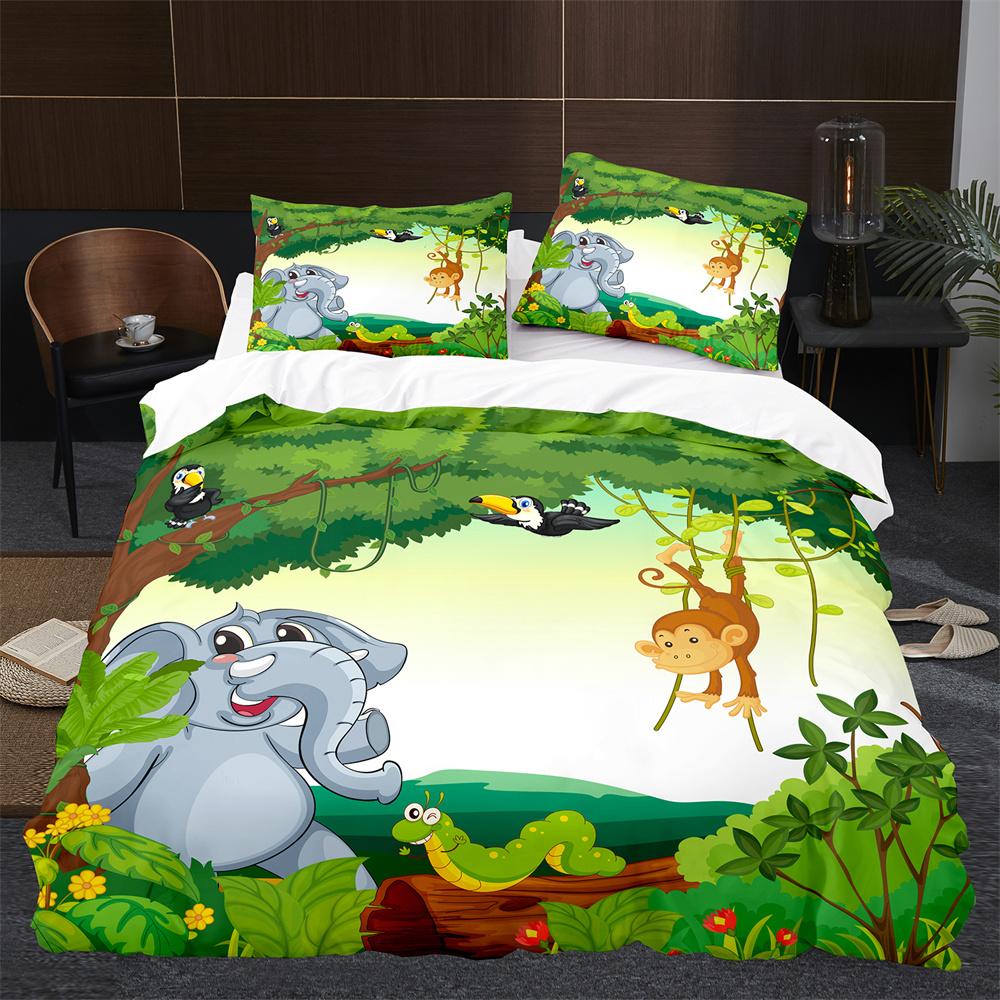 Monkey Duvet Cover King Queen Lovely Cartoon Animal Bedding Set For Kids Boy Girl Green Jungle Tree 2/3pcs Polyester Quilt Cover
