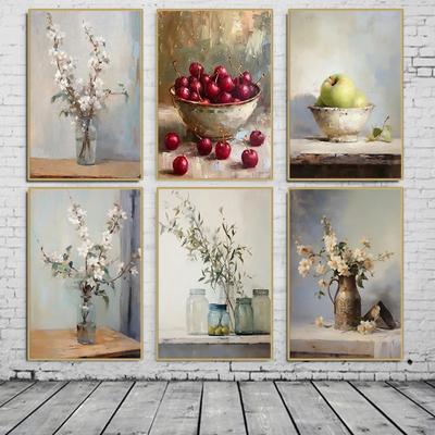 Vintage French Still Life Canvas Painting Neutral Flower and Fruit Poster Wall Art Country Kitchen Autumn Farmhouse Home Decor