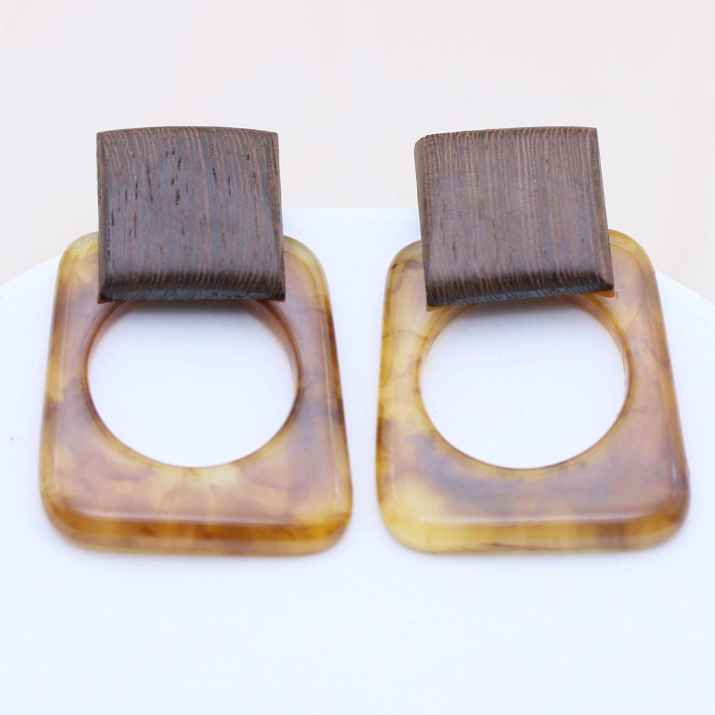 Retro Geometric Silver & Wood Dangle Earrings with Irregular Texture