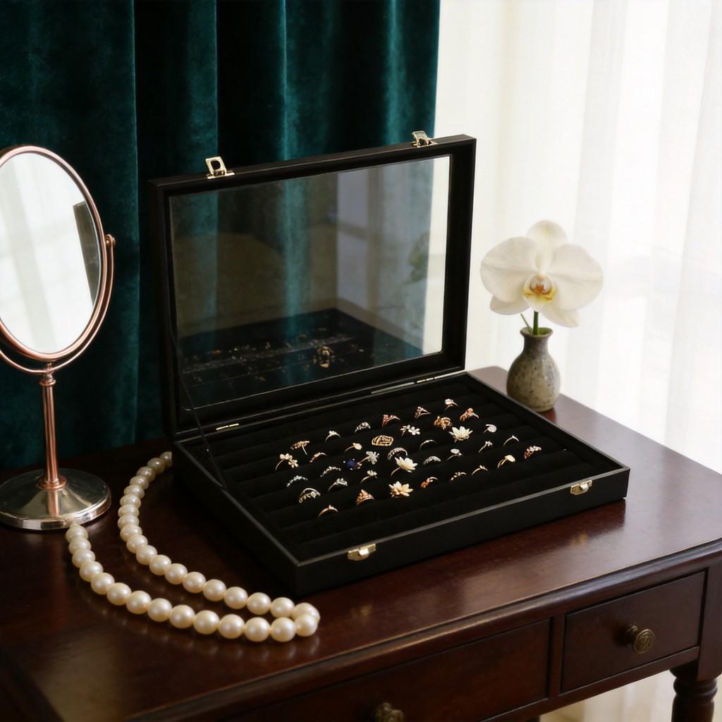 Leather Jewelry Box With Glass Cover For Necklaces Rings Earrings Bracelets Storage