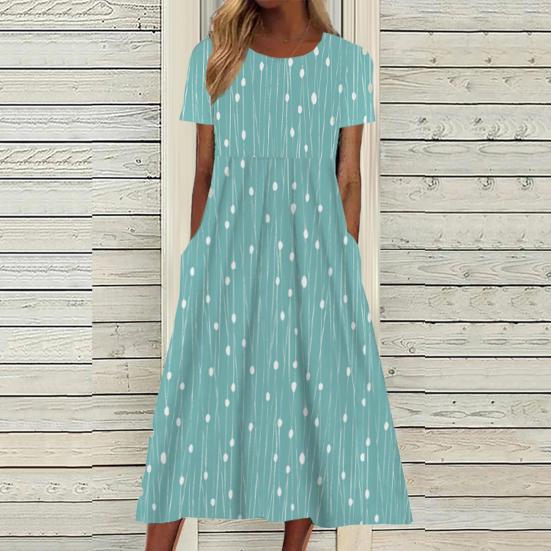 Dámské letní šaty s krátkým rukávem Ležérní květinový potisk Midi šaty s kulatým výstřihem a kapsami Splývavé plážové letní šaty do A